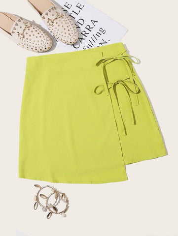 Neon Lime Tie Side Wrap Skirt - takostyle