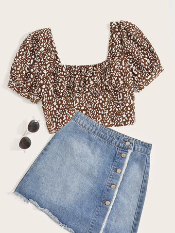 Ruched Bust Puff Sleeve Leopard Crop Top - takostyle