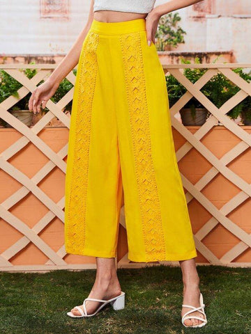 Lace Panel Zipper Back Wide Leg Pants - takostyle