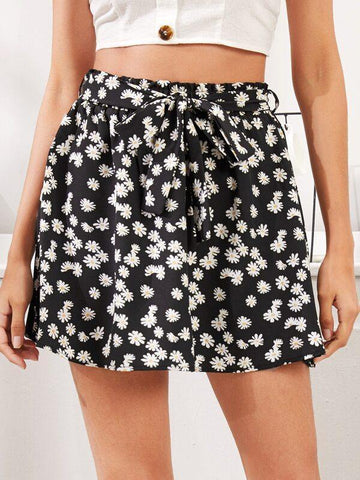 All Over Daisy Print Belted Skirt - takostyle