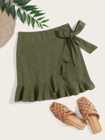 Ruffle Trim Wrap Tie Side Skirt - takostyle