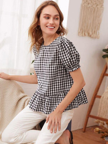 Puff Sleeve Buffalo Plaid Smock Top - takostyle