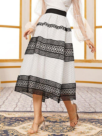 Guipure Lace Trim Flocked Dot Organza Overlay Skirt - takostyle