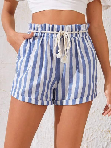 Paperbag Waist Two Tone Striped Cuffed Shorts With Belt - takostyle