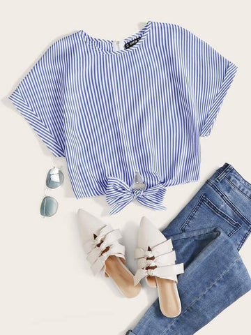 Vertical Striped Knot Hem Zip Back Blouse - takostyle