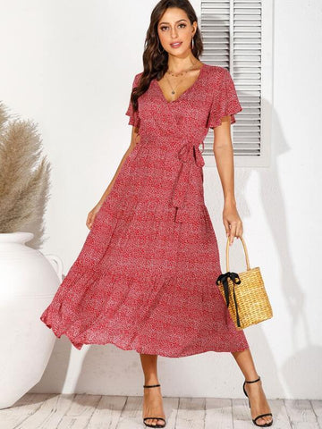 Ditsy Floral Print Surplice Belted Dress - takostyle