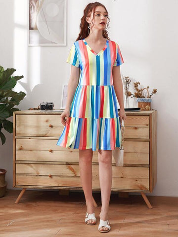 Color Striped Ruffle Hem Smock Dress - takostyle