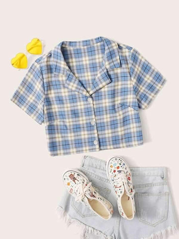 Button Up Tartan Crop Blouse - takostyle