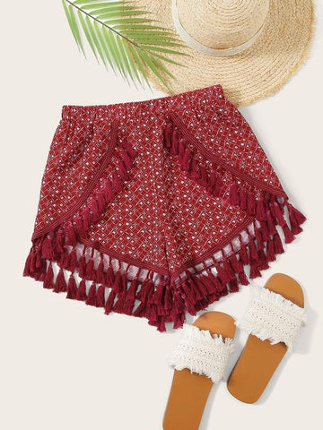 Tassel Trim Geo Print Wrap Shorts - takostyle