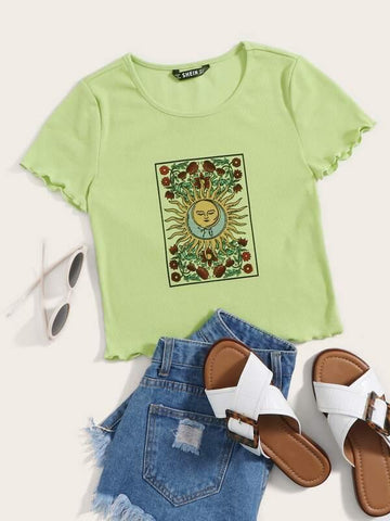 Lettuce Trim Rib-knit Tribal Print Tee - takostyle