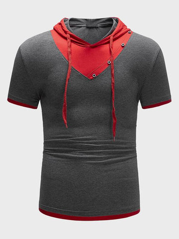 Men Contrast Binding Garment Eyelet Detail Drawstring Hooded Tee
