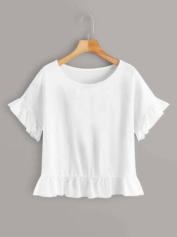 Solid Flounce Sleeve Babydoll Blouse - takostyle