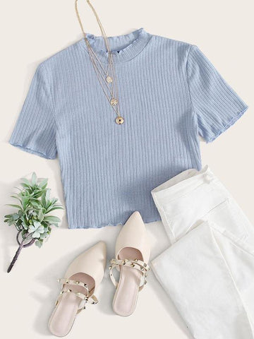 Lettuce Edge Rib-knit Solid Tee - takostyle