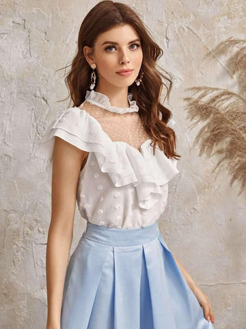 Ruffle Trim Dobby Mesh Yoke Appliques Top - takostyle