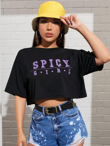 Drop Shoulder Slogan Graphic Tee - takostyle