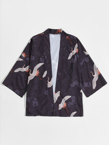Men Floral And Crane Print Kimono