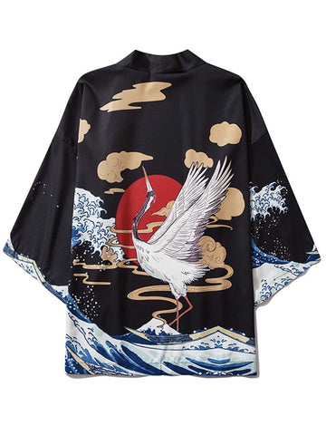 Men Crane And Sea Print Kimono