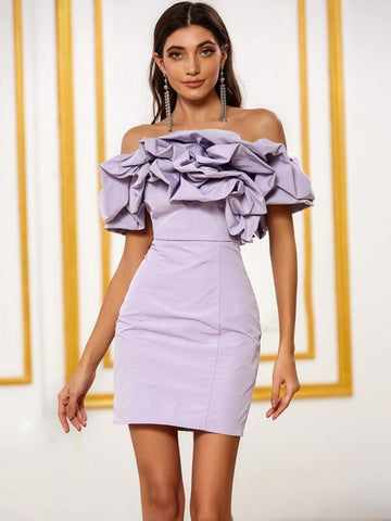 DKRX Exaggerate Ruffle Trim Puff Sleeve Shirred Back Bardot Dress - takostyle