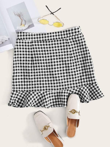 Ruffle Hem Gingham Mini Skirt - takostyle