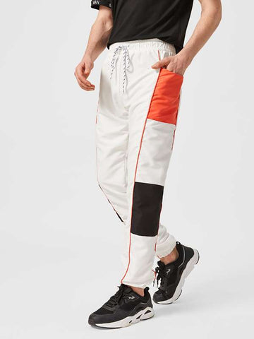 Men Contrast Panel Drawstring Waist Tapered Sweatpants