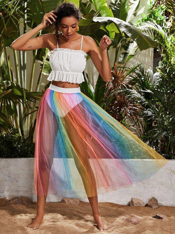 Sheer Rainbow Mesh Skirt Without Panty - takostyle