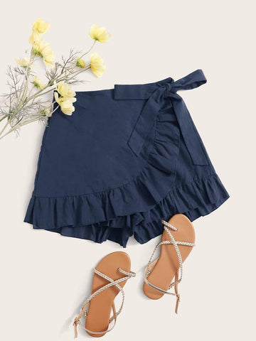 Tie Side Ruffle Trim Wrap Skort - takostyle