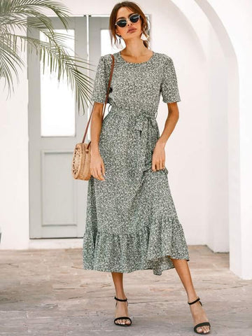Allover Print Ruffle Hem Belted Dress - takostyle