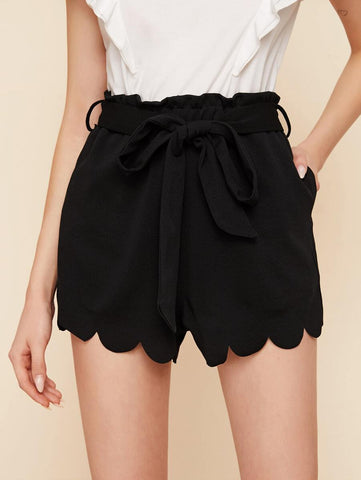 Scallop Hem Paperbag Waist Belted Shorts - takostyle
