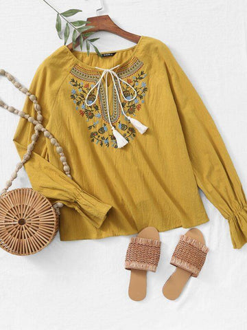 Ruffle Cuff Tassel Tie Neck Floral Embroidered Yoke Top - takostyle