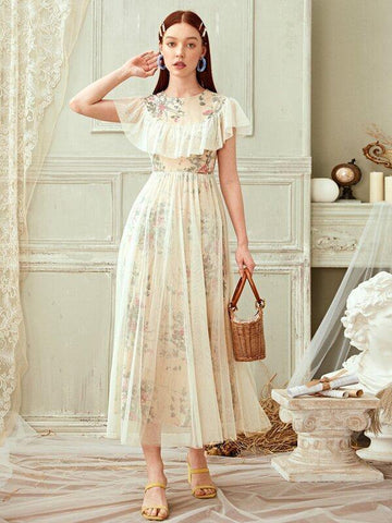 Ruffle Trim Mesh Overlay Floral Print Dress - takostyle