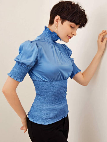 Frill Trim Shirred Panel Satin Top - takostyle