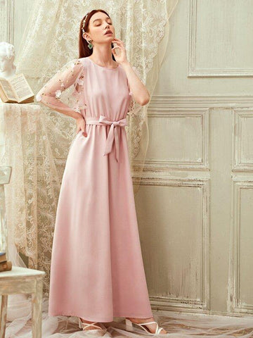 Embroidery Mesh Sleeve Belted Maxi Dress - takostyle