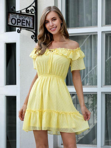 Double Crazy Tie Neck Ruffle Trim Swiss Dot Bardot Dress - takostyle