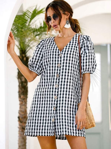 Button Up Gingham Shirt Dress - takostyle