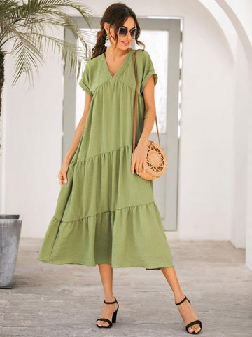 V-neck Ruffle Hem Smock Dress - takostyle