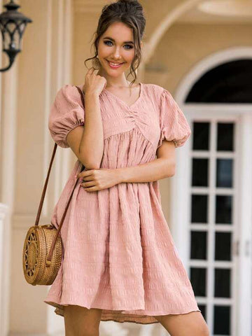 Ruched Front High Waist Puff Sleeve Dress - takostyle