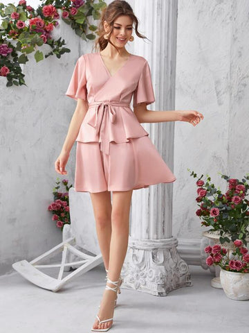 Surplice Neck Flutter Sleeve Double Layer Ruffle Hem Satin Dress - takostyle