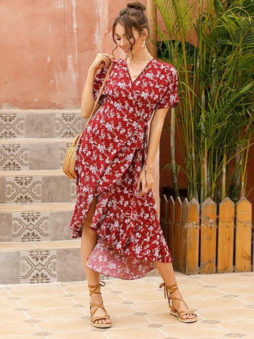 Ditsy Floral Print Tie Side Wrap Dress - takostyle