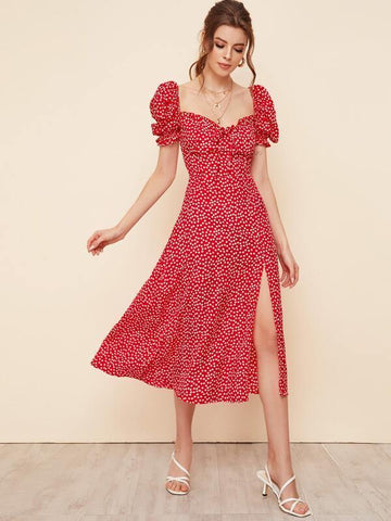 Ditsy Floral Tie Front Split Thigh Milkmaid Dress - takostyle