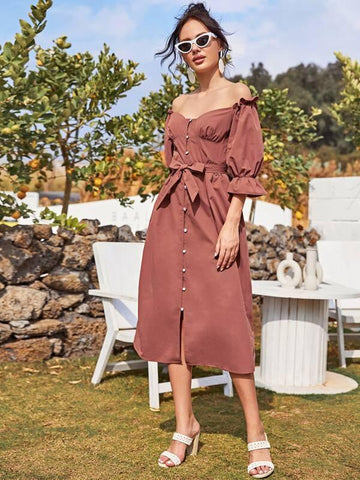 Off Shoulder Button Front Belted Dress - takostyle