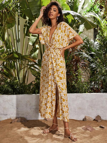 Batwing Sleeve Split Hem Floral Print Dress - takostyle