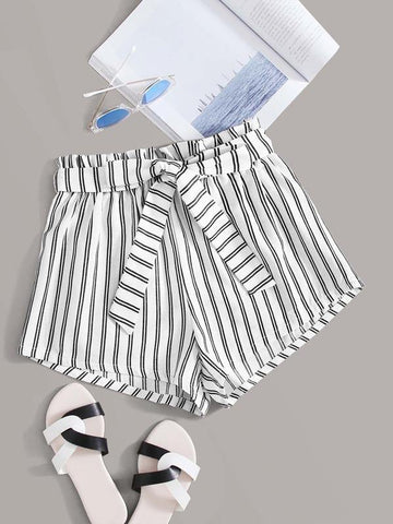 Paperbag Waist Belted Striped Shorts - takostyle