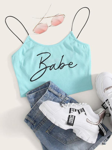 Letter Graphic Rib-knit Crop Cami Top - takostyle