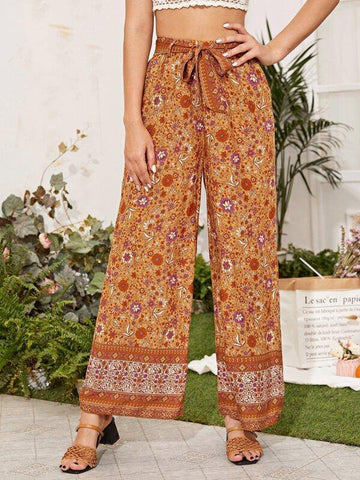 Floral & Tribal Print Belted Wide Leg Pants - takostyle