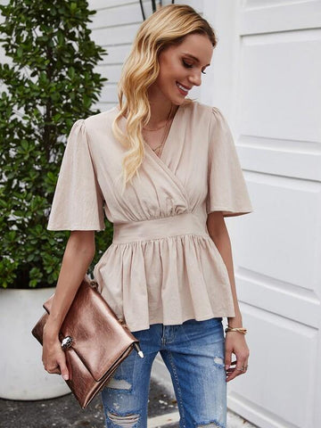 Surplice Front Ruffle Hem Peplum Blouse - takostyle