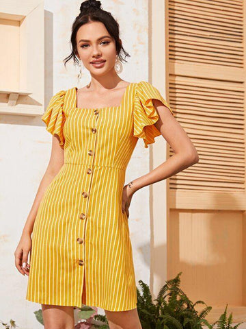 Striped Button Front Butterfly Sleeve Dress - takostyle
