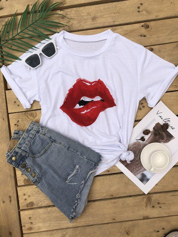 Lip Print Round Neck Tee - takostyle