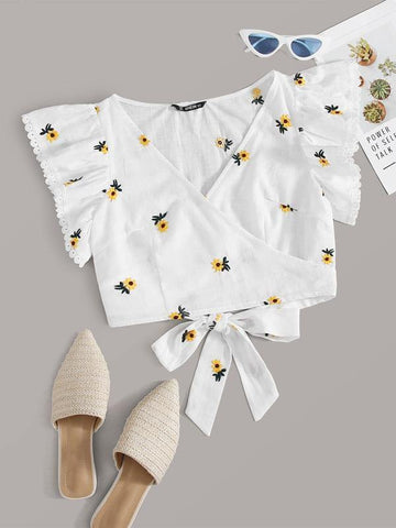 Ruffle Armhole Embroidery Wrap Tie Back Top - takostyle