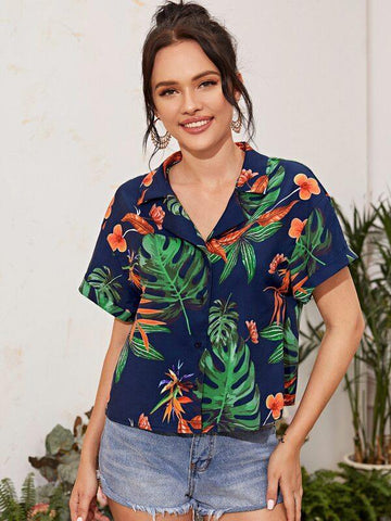 Notched Collar Tropical Print Blouse - takostyle