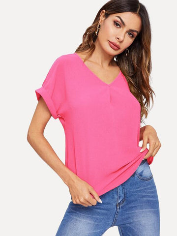 Roll Up Sleeve Curved Hem Top - takostyle